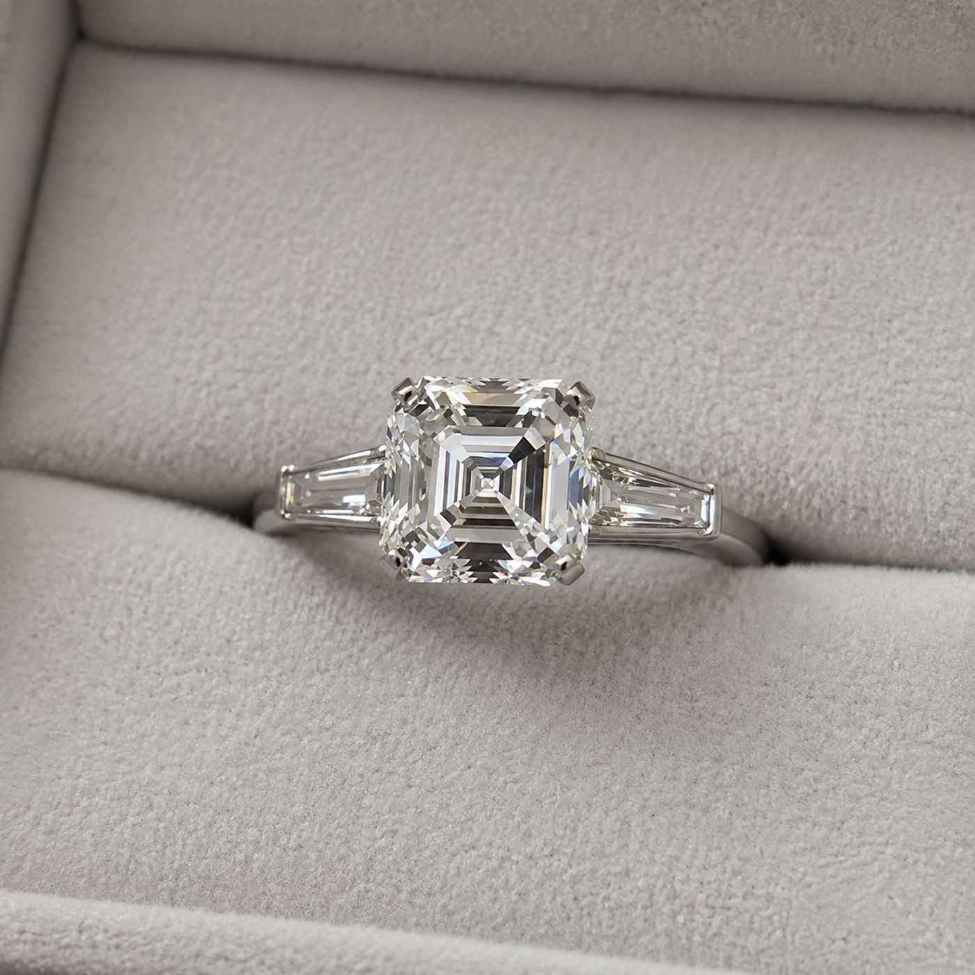 Asscher Three-Stone, shown in 14K White, Asscher