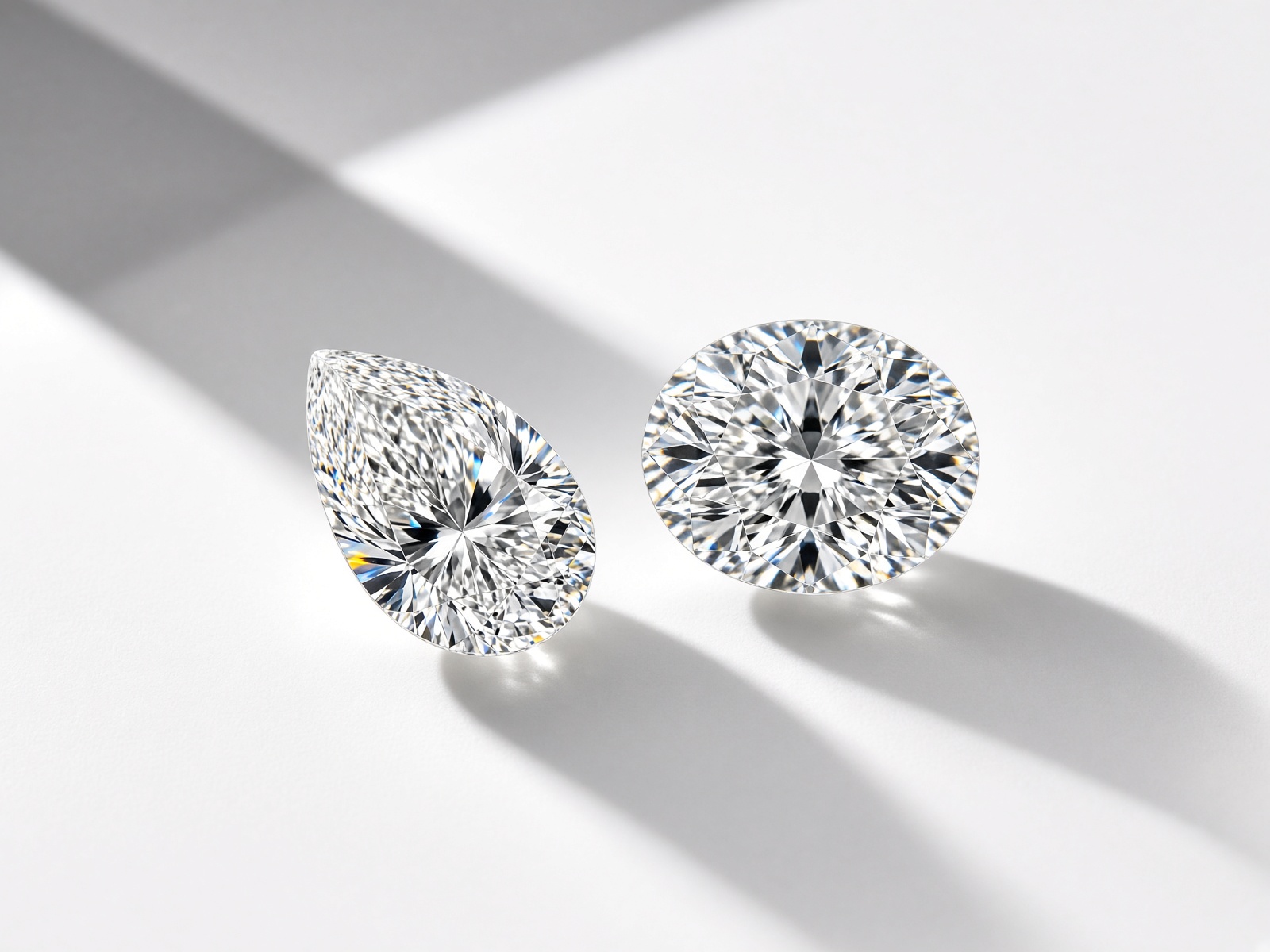 A pear and an oval diamond on a white studio sweep