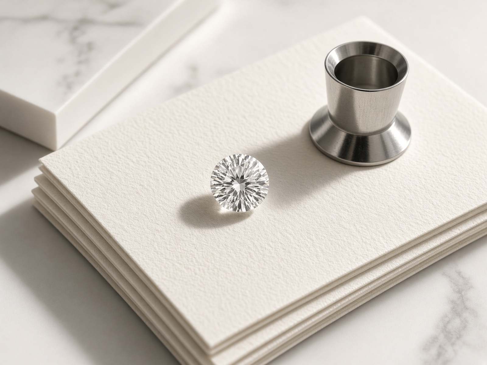 A diamond and a loupe on ivory paper